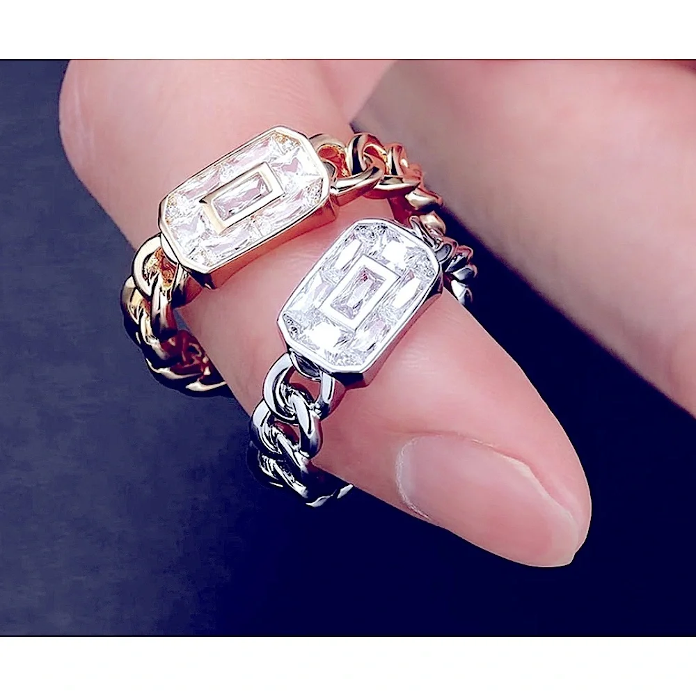 Unisex 14k Gold Filled Chain Rectangle Simulated‎ Diamond Ring, Adjustable NEW